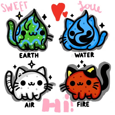 4 cats that represent the different elements, earth, water, air, and fire
