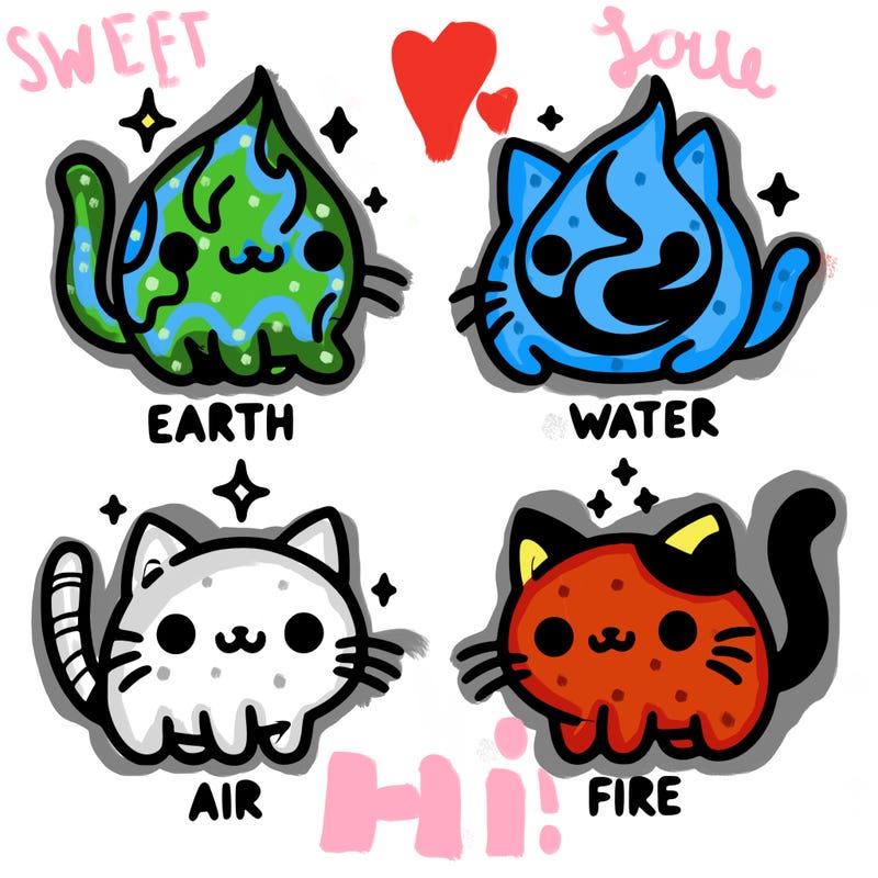 4 cats that represent the different elements, earth, water, air, and fire