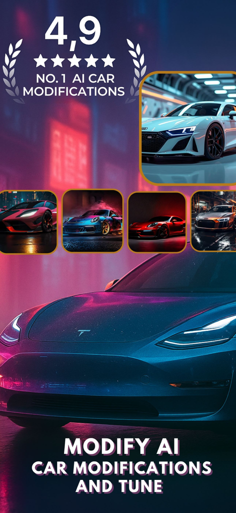 Modify Ai Car Designer & Tune - Modify Ai car designer app showing customized sports cars with AI technology
