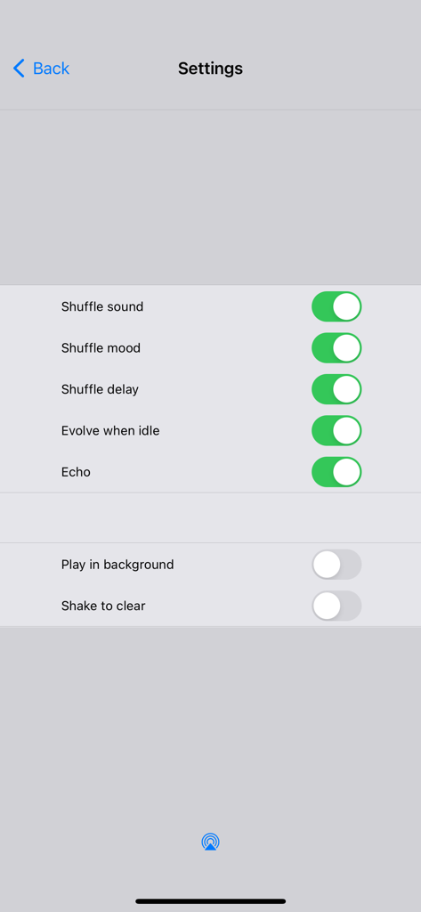 Bloom - Settings screen of the Bloom app showing toggle switches for sound and music generation features