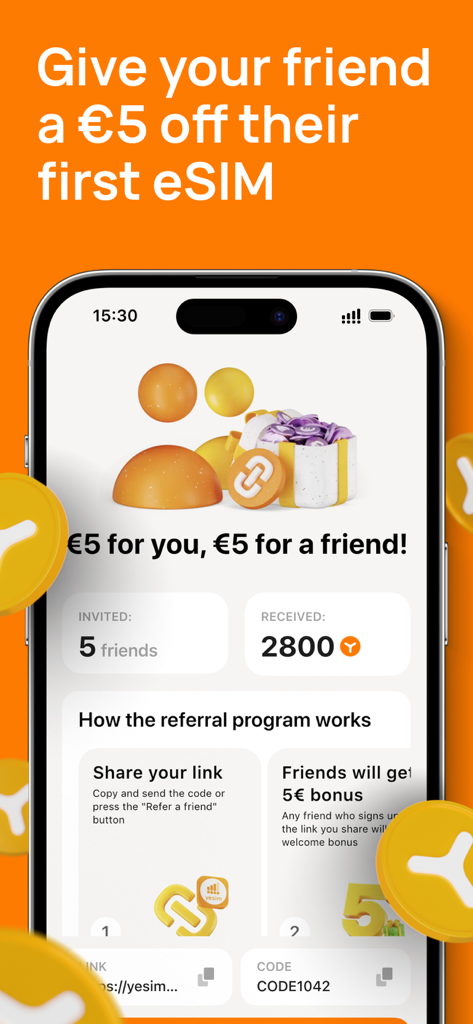 Yesim mobile app interface displaying a referral program with a five euro bonus offer for users and their friends.