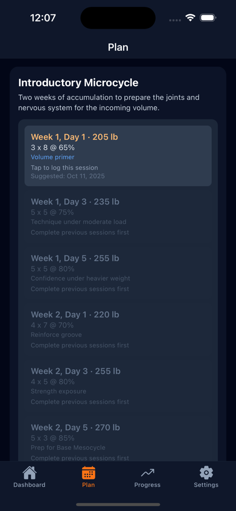 Smolov Squat Tracker - Interfaccia dell'app Smolov Squat Tracker che mostra il piano di allenamento del Microciclo Introduttivo