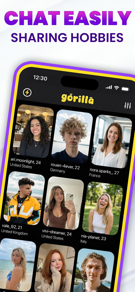 Gorilla Chat: Live Social - A grid display of user profiles from around the world on the Gorilla Chat app interface