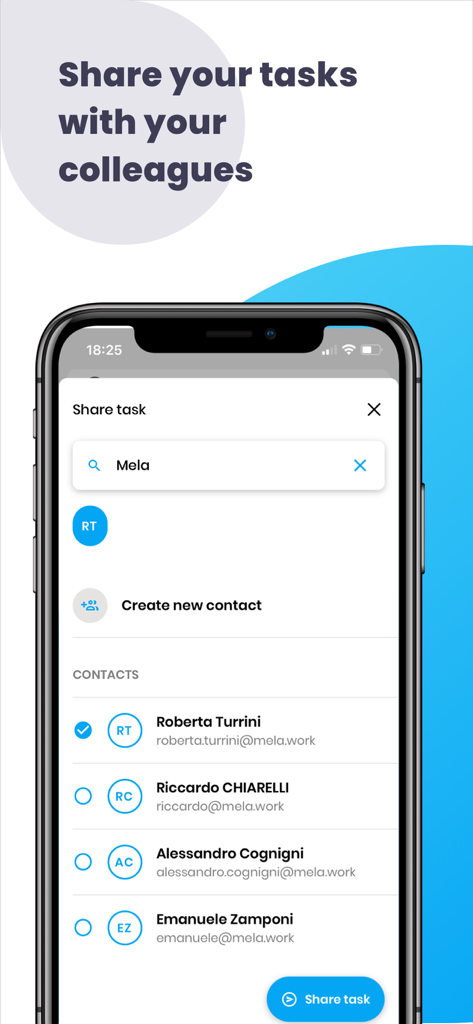Benutzeroberfläche der Mela Works App zeigt den Bildschirm zum Teilen von Aufgaben mit einer Liste von auszuwählenden Kollegen.