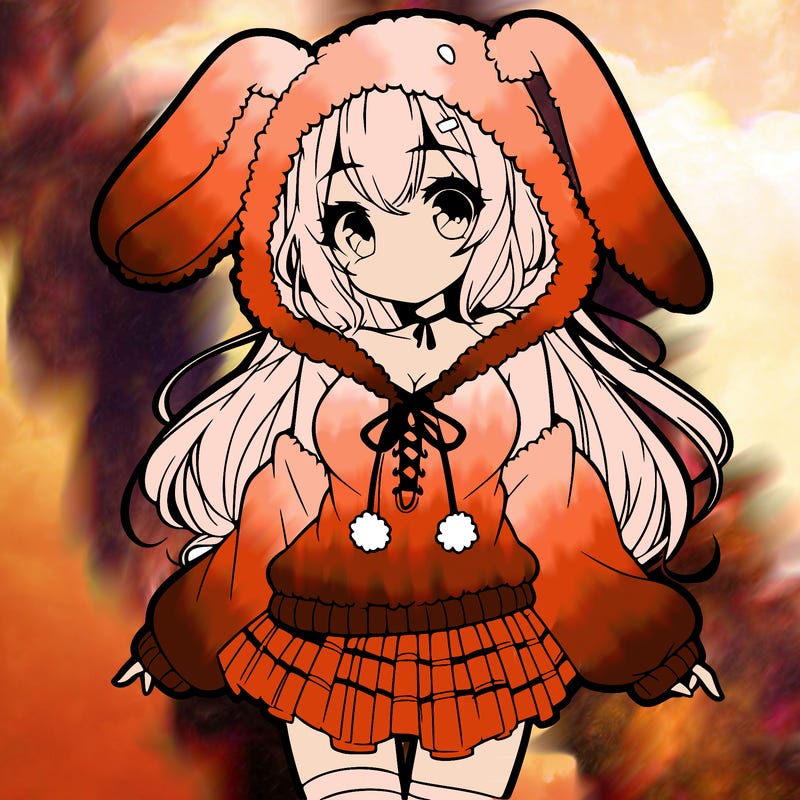 pretty anime girl wearing a fluffy hoodie with bunny ears on the hood and a skirt