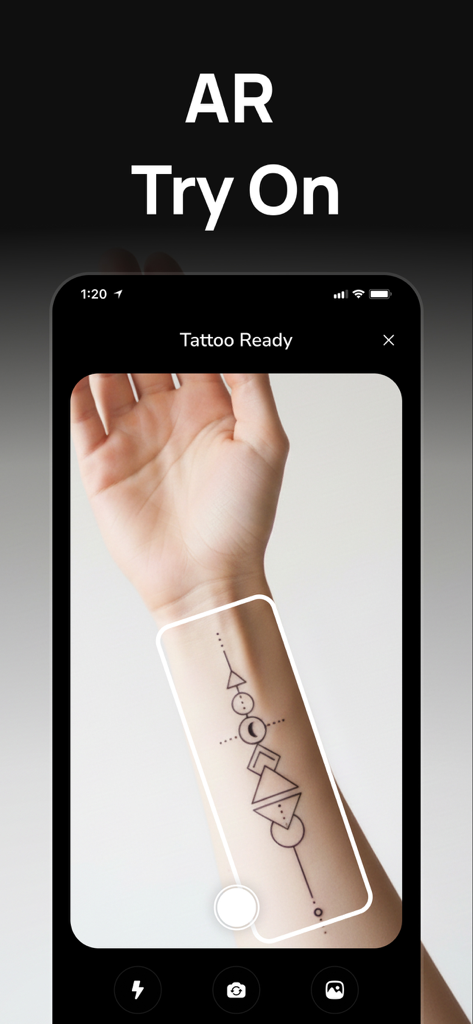AI Tattoo Generator: Ink4 - 幾何学的なタトゥーデザインが前腕に表示されているAR試着機能