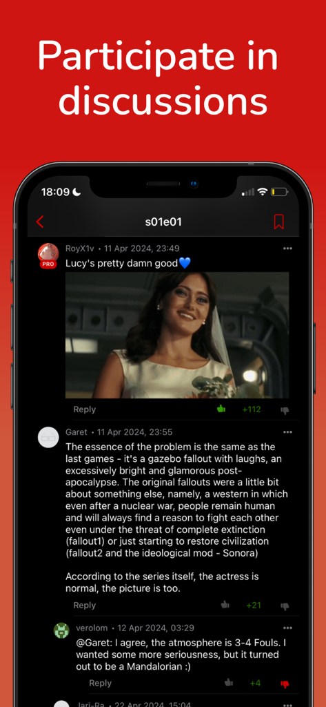 MyShows - Track Shows & Films - A mobile app interface showing a discussion thread about a TV series episode with user comments and ratings
