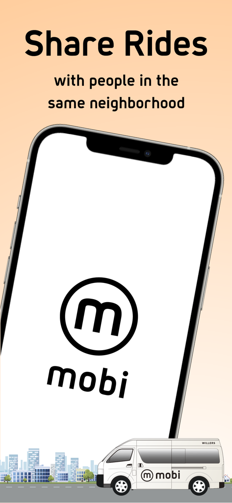 mobi app splash screen promoting shared rides in the neighborhood with a shuttle van illustration