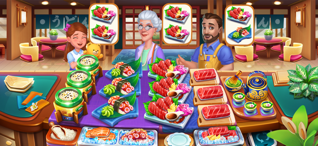 Chef Holiday 요리 게임의 초밥 식당 장면, 고객들이 주문을 기다리는 모습
