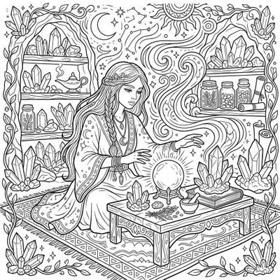 Unleash your inner magic with this captivating coloring page featuring a wise Crystal Witch amidst her mystical tools. Delve into a world of gemstones, spells, and celestial wonders, ready for your creative touch.