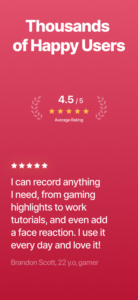 Screenshot showing a 4.5 star average rating and a positive user testimonial about recording gaming highlights and tutorials