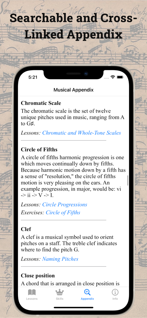 Music Theory 101: Study Course - Musical appendix screen showing definitions for chromatic scale circle of fifths and clef