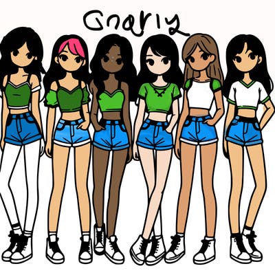 a group of girls wearing crop tops and shorts