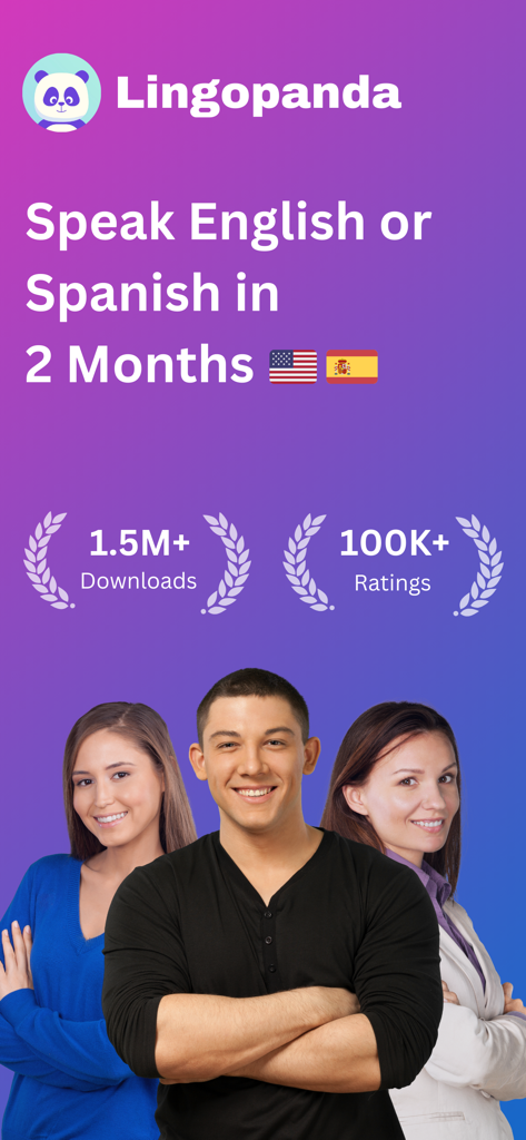 Lingopanda 앱 프로모션 화면, 2개월 안에 영어 또는 스페인어 말하기, 150만 다운로드 통계 제공.