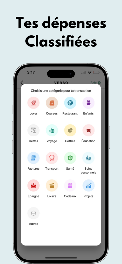 Verso App - Verso app interface showing various expense classification categories with colorful icons