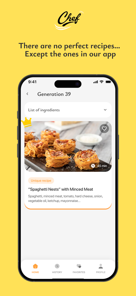 AI Chef - Aplicación móvil Chef IA que muestra una receta única de nidos de espagueti con carne picada en un iPhone