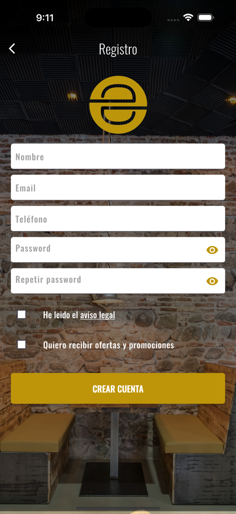 Bendita Burger - Pantalla de registro de usuario para la app móvil Bendita Burger mostrando campos de creación de cuenta.