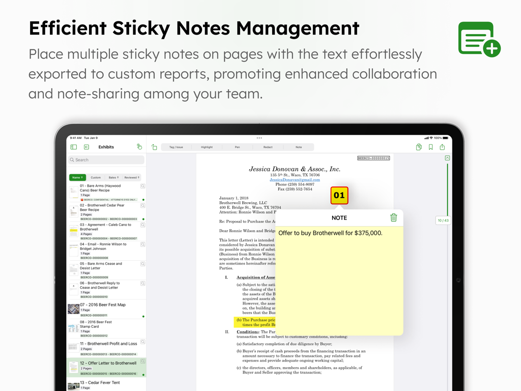 DocReviewPad - Review Docs - A digital sticky note applied to a legal document within the DocReviewPad app interface on an iPad