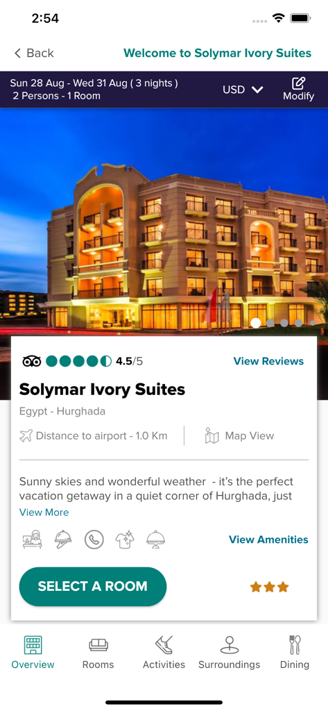 Página de reserva do Solymar Ivory Suites em Hurghada no aplicativo JAZ Hotel Group