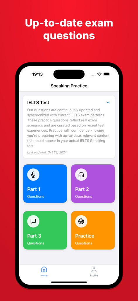 Prep IELTS: Prepare your exam - IELTS speaking practice interface with sections for parts 1 2 and 3 exam questions