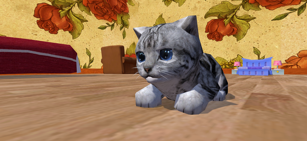 Cute Pocket Cat 3D - A cute grey tabby kitten sitting in a room with floral wallpaper in the Cute Pocket Cat 3D game