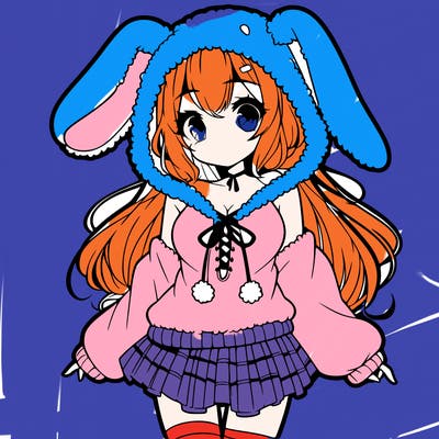 pretty anime girl wearing a fluffy hoodie with bunny ears on the hood and a skirt