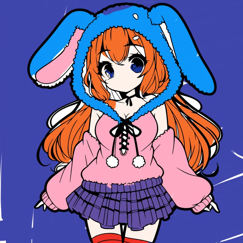 pretty anime girl wearing a fluffy hoodie with bunny ears on the hood and a skirt