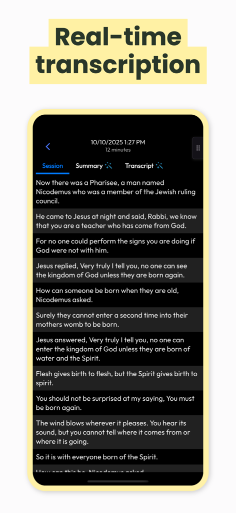 Live Voice Translator: Hope - Real-time text transcription of a live sermon within the Hope app interface