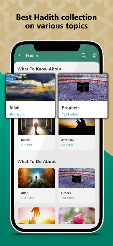 Shia Muslim - Shia Muslim app screen displaying a categorized Hadith collection with topics like Allah, Prophets, and Imams.