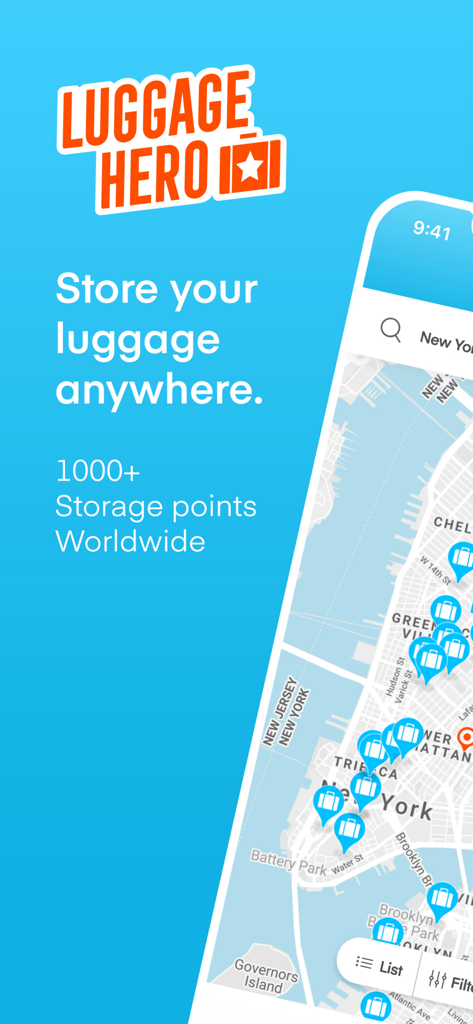 LuggageHero: Luggage Storage - Interface de l'application LuggageHero avec une carte montrant des points de consigne pour bagages à New York