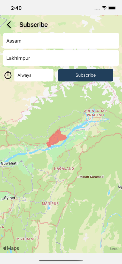 Sachet app interface showing the location subscription screen with a map of India to receive disaster alerts for specific regions.