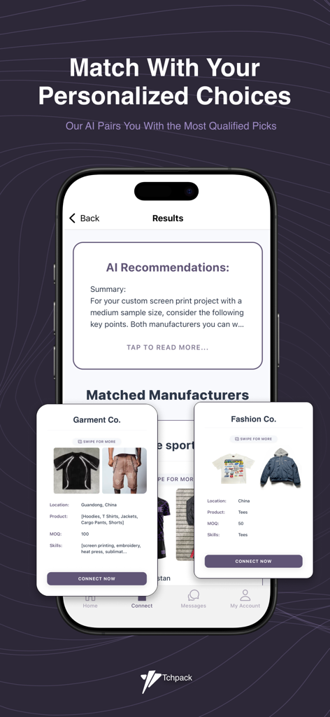 Tchpack - A smartphone displaying the Tchpack app featuring AI recommendations for clothing manufacturers and garment suppliers