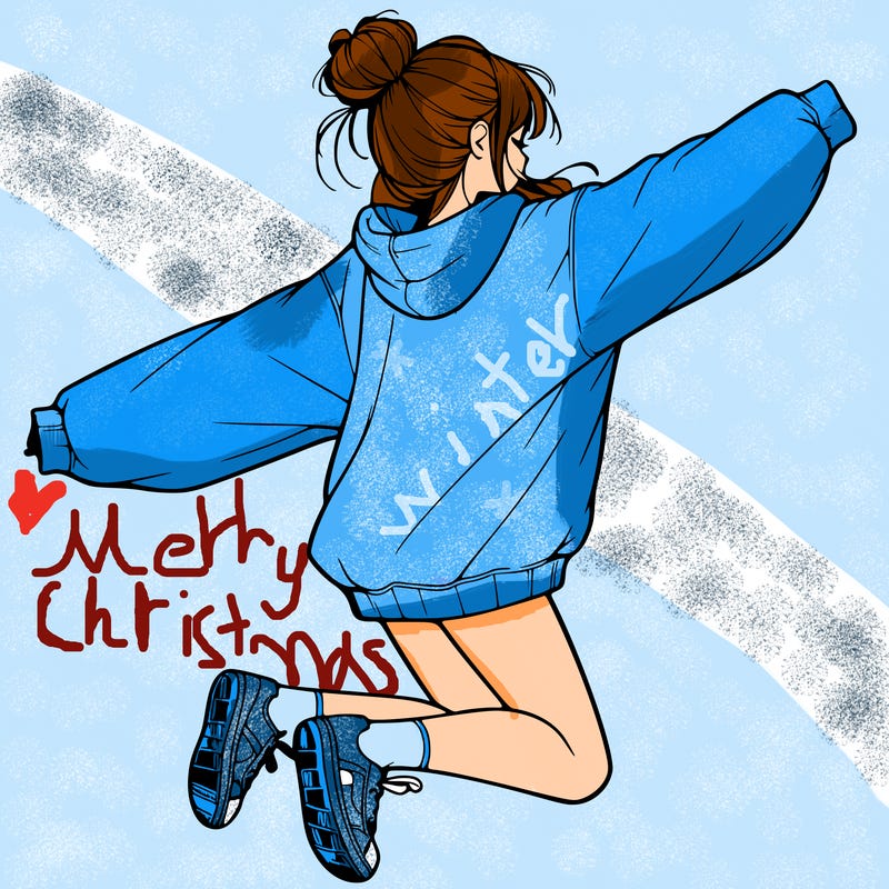 realistic girl jumping with a bun and oversized sweatshirt