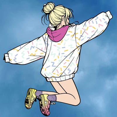 realistic girl jumping with a bun and oversized sweatshirt