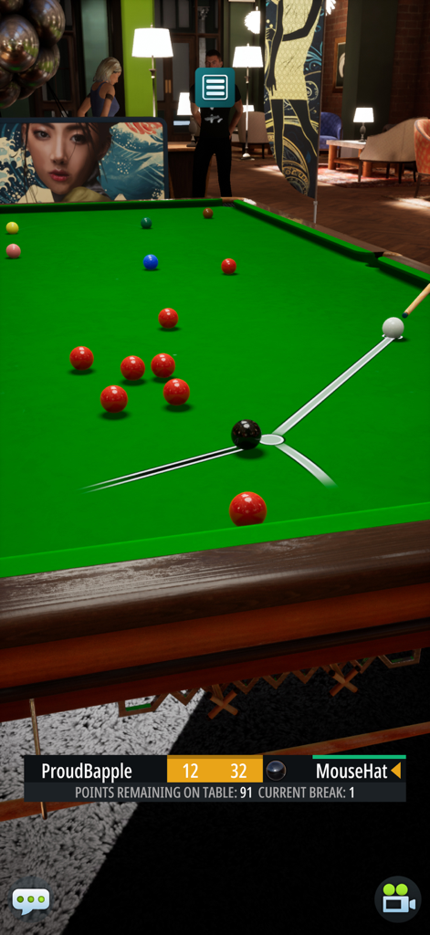 Una partida de billar 3D en modo retrato mostrando líneas de apuntado en una mesa verde