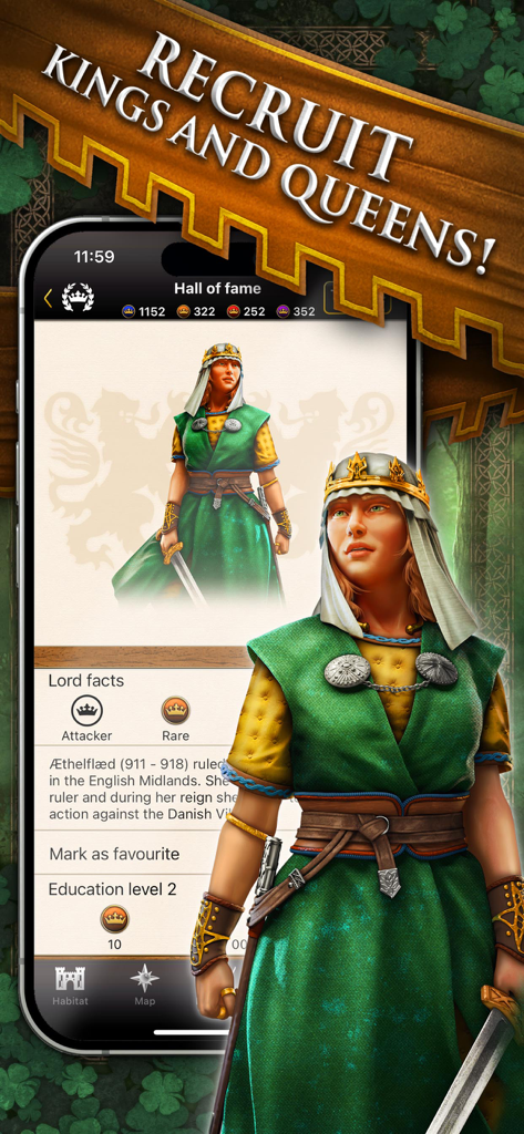 Lords & Knights - Mobile Kings - Recruitment screen in Lords and Knights showing a medieval queen character profile
