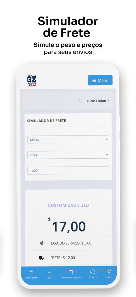 Compre com GZ in USA - Compre com GZ in USA app shipping simulator screen showing cost calculations for international freight from USA to Brazil