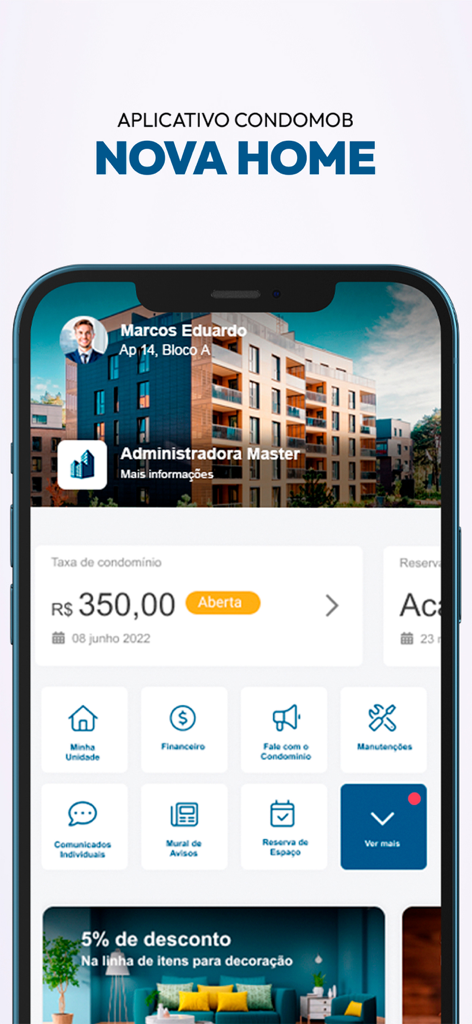 Condomob Condominios app home screen displaying a resident profile condominium fee status and administrative icons