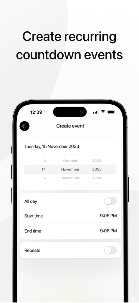 iPhone interface for creating a recurring countdown event in the Days app