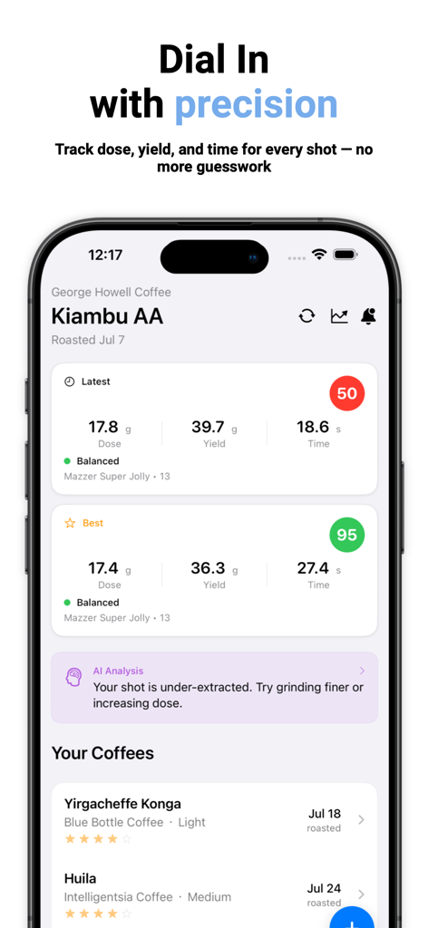 Dial In Coffee - Dial In Coffee mobile app interface showing espresso shot logs with dose yield and brew time data