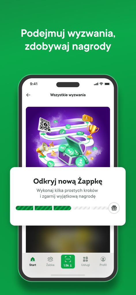 żappka: zakupy, promocje Żabka - żappka 게임화된 로열티 프로그램, 리워드 및 챌린지 진행 상황을 보여주는 모바일 앱 화면