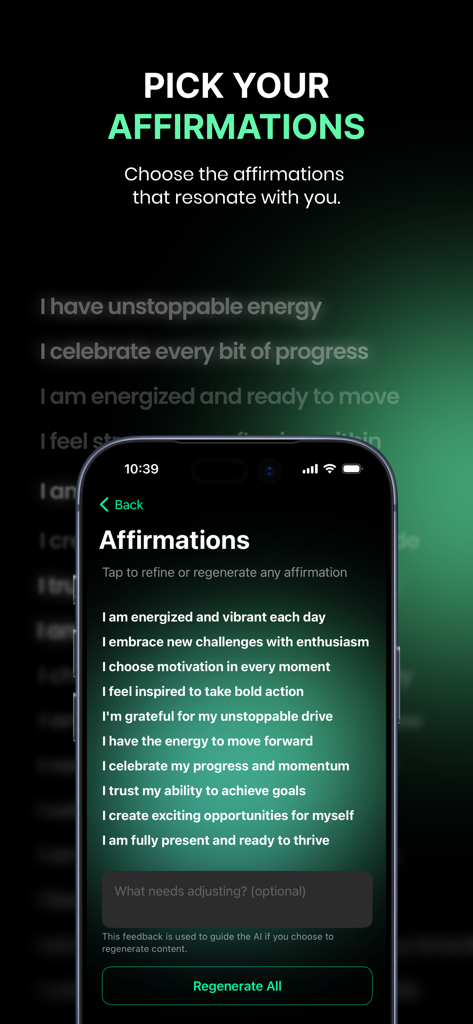 Innertune Music - Interface of Innertune Music app displaying a list of customizable positive affirmations.