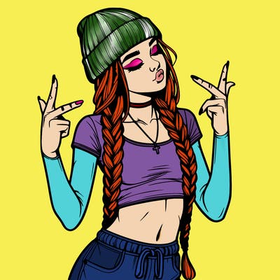 realistic teenage girl with braids and a beanie and crop top doing 🫶🏼