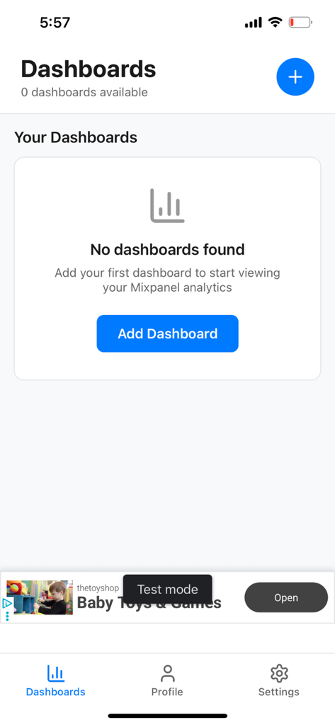 Mixpanel Mobile Analytics - The Dashboards screen of the Mixpanel Mobile Analytics app showing no dashboards found and a blue Add Dashboard button.