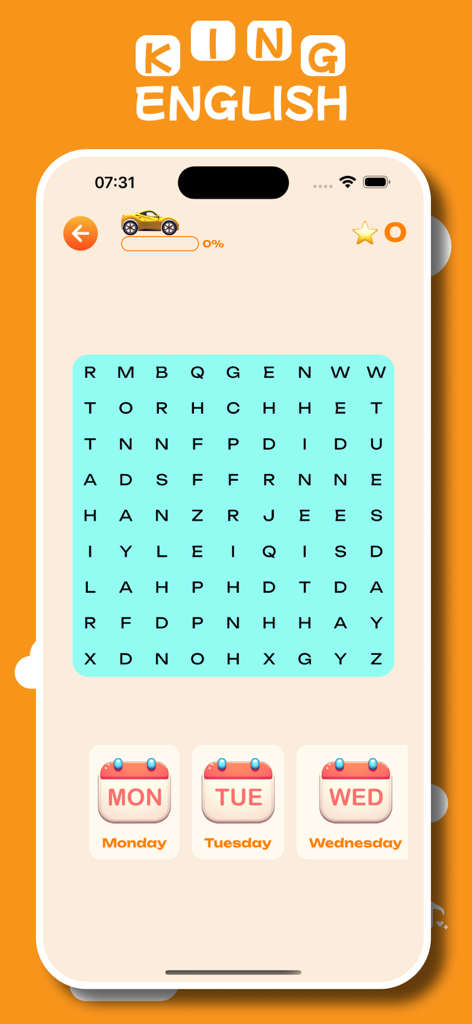 King English Game word search interface featuring vocabulary for days of the week