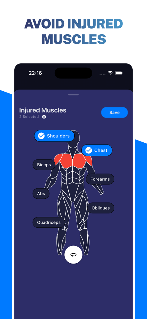 An interactive human muscle map in the GymStreak app allowing users to select and avoid specific injured muscle groups for personalized workout planning