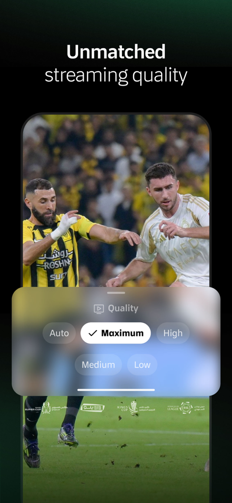 Thmanyah app interface showing high quality soccer streaming and video settings