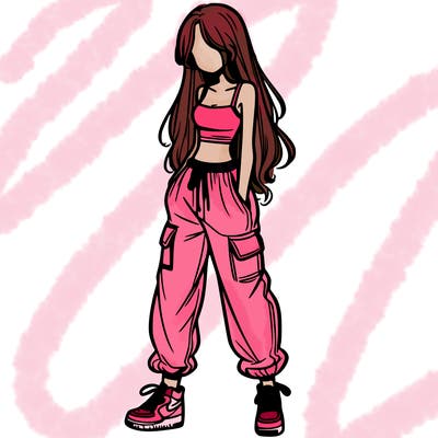 girl in baggy pants crop top and long hair