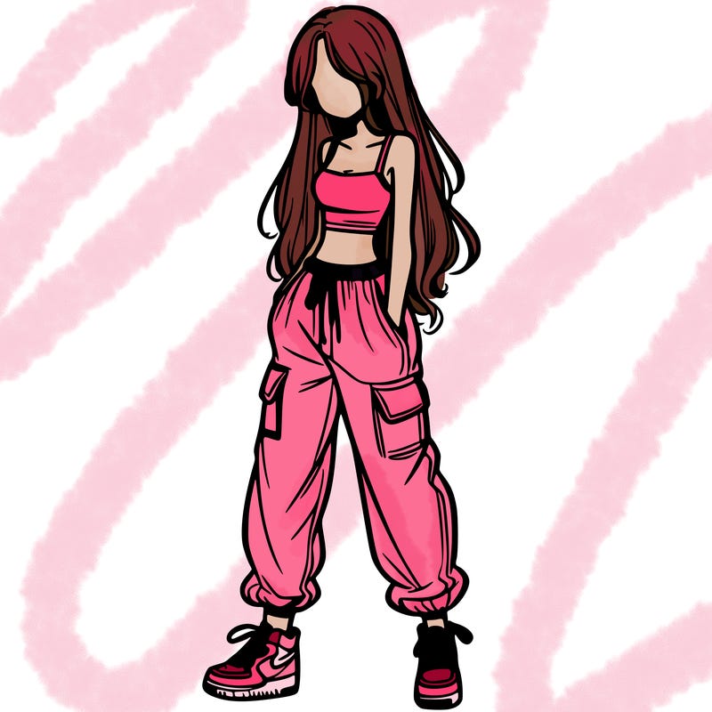 girl in baggy pants crop top and long hair
