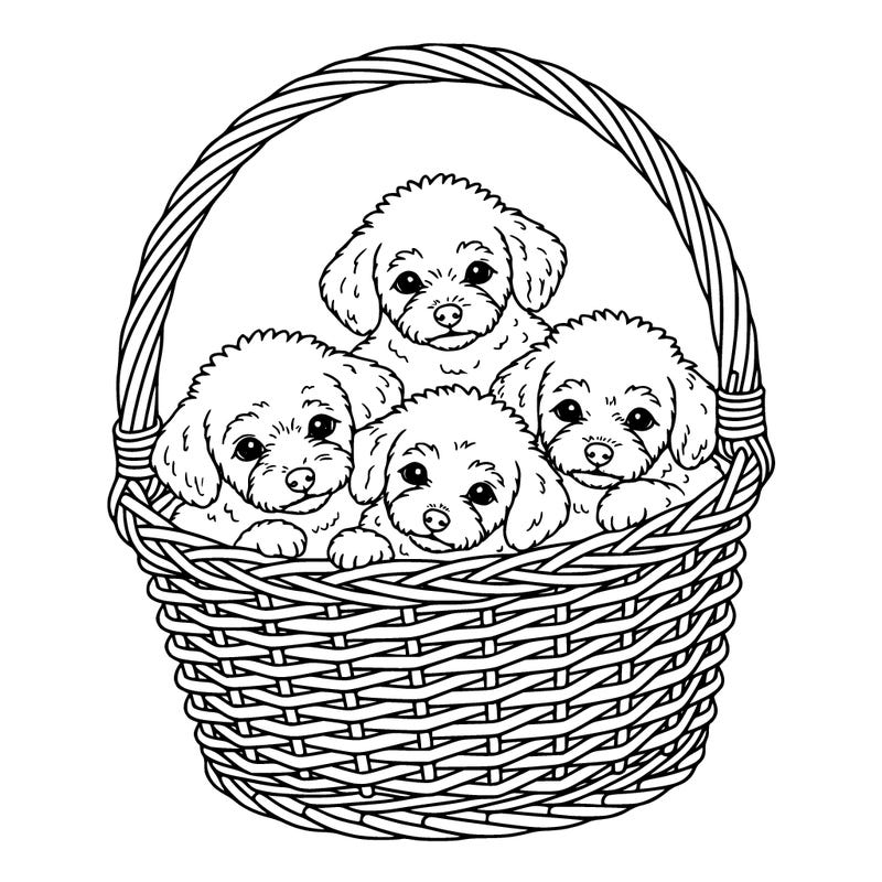 three small miniature poodles lie in a wicker basket.
